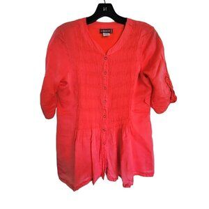 XCVI Coral Pink Roll Tab Snap Button Front Pleated Short Sleeve Silk Blouse XS